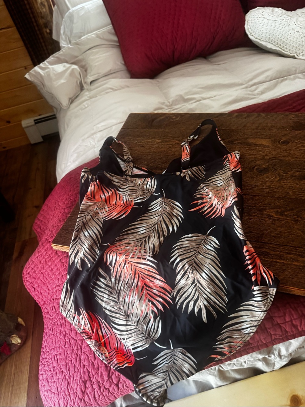 Tropical Leaf Print One-Piece Swimsuit - Black with Coral & Cream Leaves